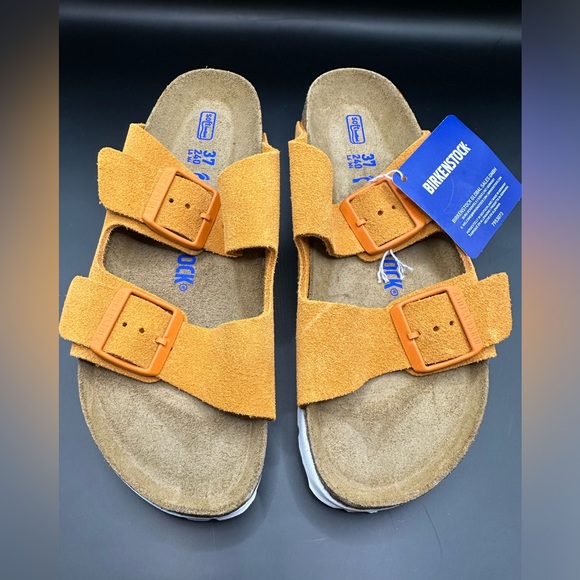 New! BIRKENSTOCK Arizona Women's Soft Bed Suede Mules Yellow Orange Size US 6 - Picture 14 of 16